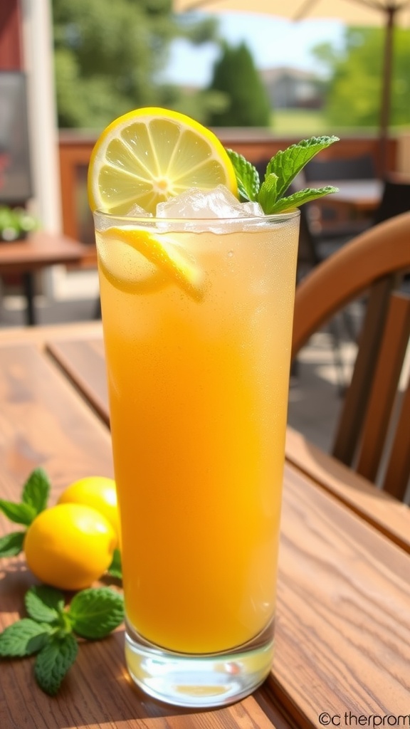 A refreshing Bourbon Slushie in a glass with lemon and mint, served on a wooden table outdoors.